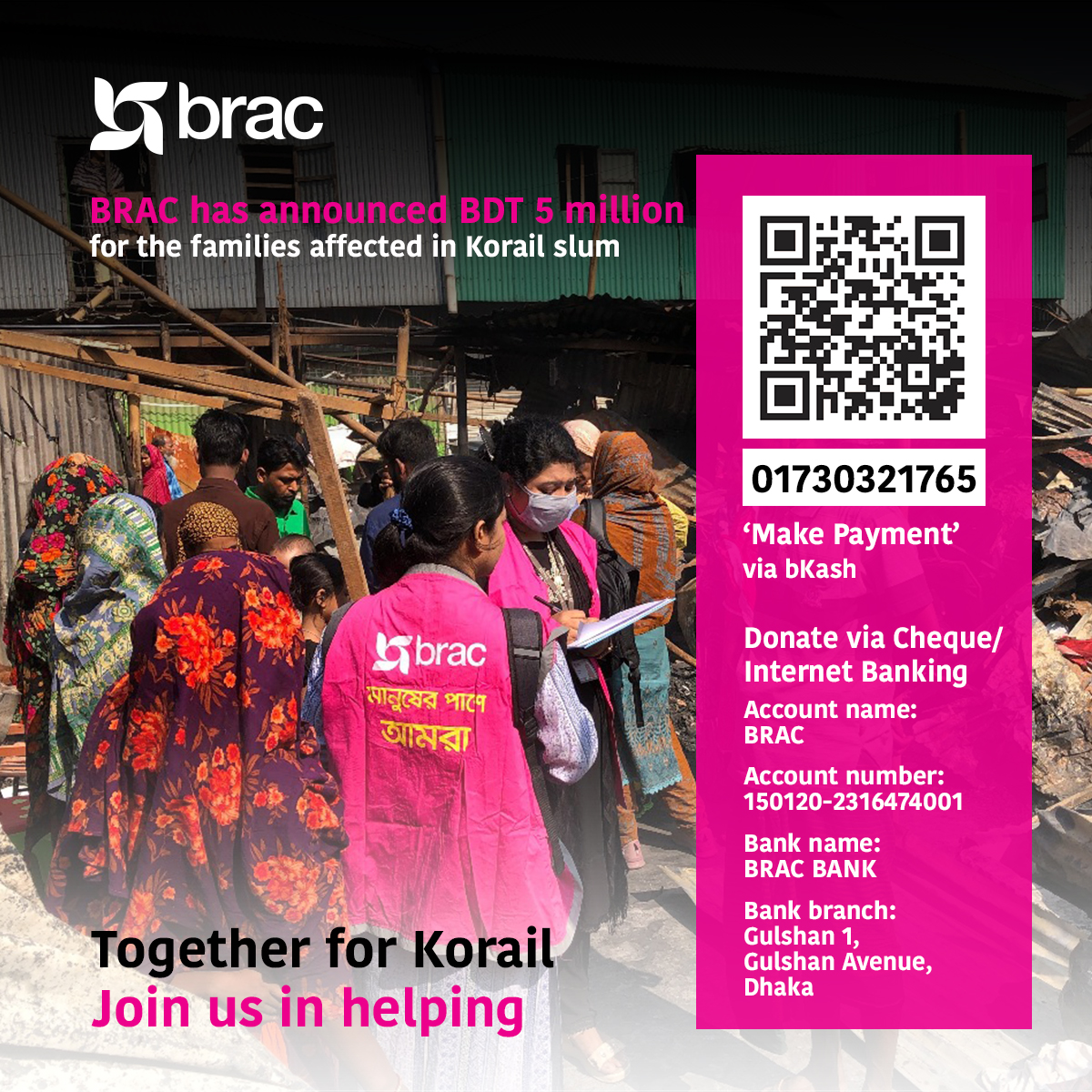 BRACworld's tweet image. Join us to help Korail. BRAC has announced an initial support package of BDT 5 million for the families affected by the devastating fire in Korail slum. We stand beside the community, committed to supporting them through every step of rebuilding and recovery.

Bkash 
Donation…