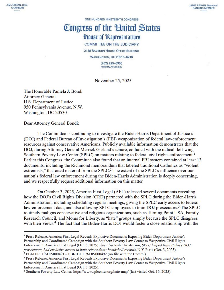 BreannaMorello's tweet image. 🚨EXPOSING🚨

The Biden regime consulted with the Southern Poverty Law Center and now Chairman Jim Jordan is asking  Attorney General Pam Bondi provide all documents related to this matter.

Jordan asserts that, “the DOJ, during Attorney General Merrick Garland’s tenure, colluded…