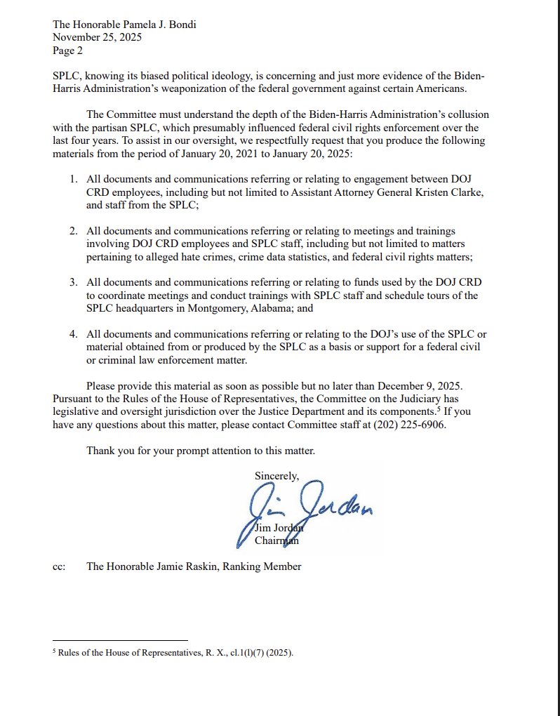 BreannaMorello's tweet image. 🚨EXPOSING🚨

The Biden regime consulted with the Southern Poverty Law Center and now Chairman Jim Jordan is asking  Attorney General Pam Bondi provide all documents related to this matter.

Jordan asserts that, “the DOJ, during Attorney General Merrick Garland’s tenure, colluded…