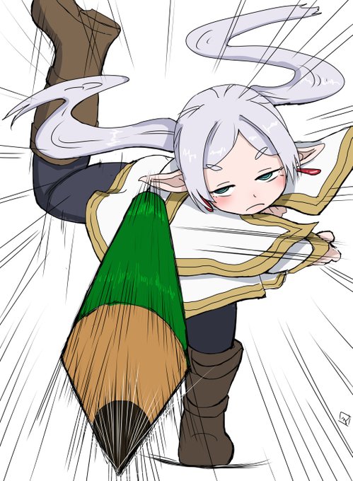 フリーレンがペン投げる絵にピキッちゃう人たちがいるとい聞いたんだけど何がダメだったのか気になって気になって夜しか眠れなくて、とりあえず投げ方がダメだったんだろうなと結論付けておきます。それでもダメだったら匙でも投げときます。