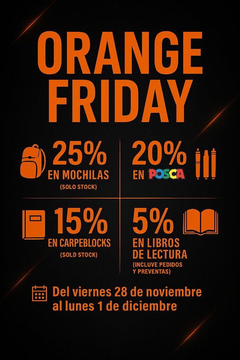 🧡🔥 Orange Friday en Marcelí 🔥🧡
El Black Friday está bien… pero nosotros somos de ir a contracorriente 😎

📅 Del 28 nov al 1 dic

#libreriamarceli #Aspe #BlackFriday