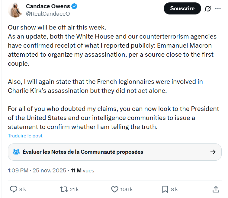 Candace Owens jure :

1. que le GIGN a voulu l'assassiner;

2. que la Légion étrangère a participé à l'assassinat de Charlie Kirk.

Et bien sûr, tout le monde hurle de rire.

Mais on a tort.

Un p'tit thread.🧵⤵️