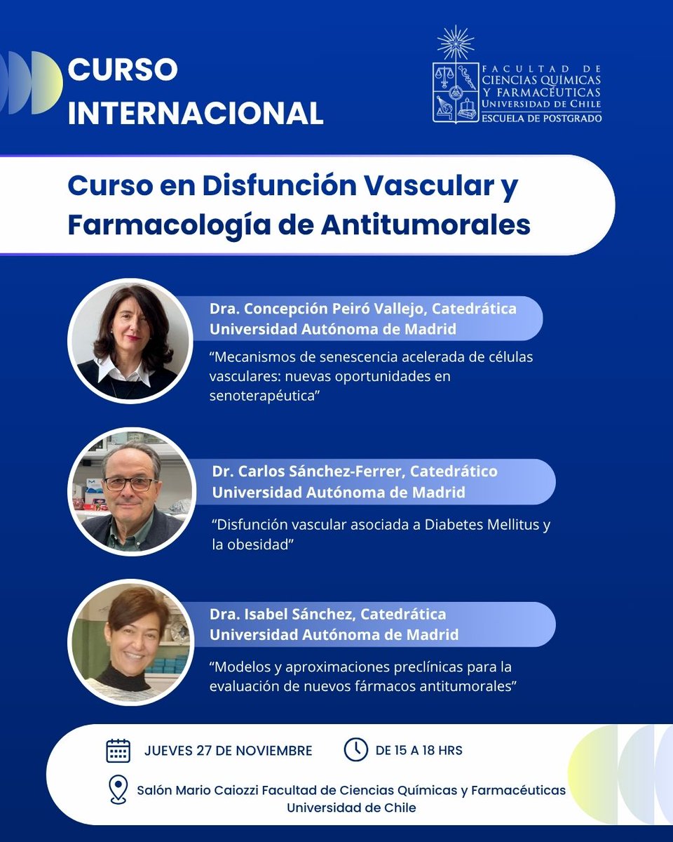 Deseando volver a encontrarnos con estudiantes, colegas y amigos de <a href="/QuimicaUdeChile/">Química UCHILE</a> <a href="/uchile/">Universidad de Chile</a>. ¡Nos vemos enseguida para este curso sobre avances en  mecanismos de acción de fármacos! 
💊🧬🔬 #investigación #colaboración #internacinalización <a href="/carlosfsanchezf/">Carlos Sánchez Ferrer</a> <a href="/MISAN_PER/">Isabel Sánchez Pérez</a>