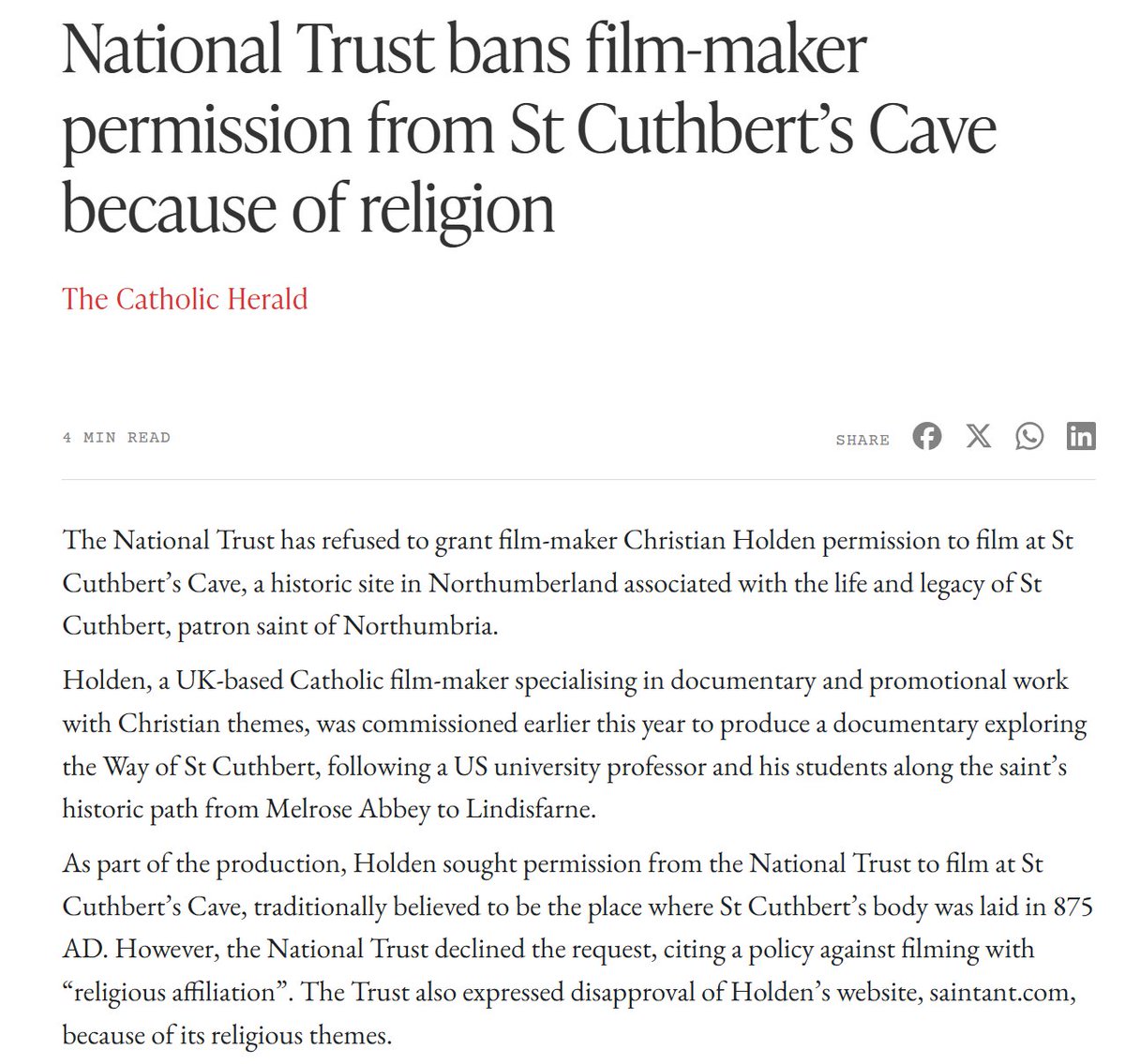 The <a href="/nationaltrust/">National Trust</a> has banned a Christian film-maker from filming at St Cuthbert’s Cave in Northumberland owing to their policy against filming (or film-makers) with &lt;check notes&gt; “religious affiliation”. When did they become the National Secular Trust?
thecatholicherald.com/article/nation…