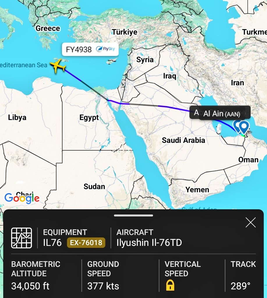 AfriMEOSINT's tweet image. A Fly Sky Airlines IL-76TD cargo aircraft (EX-76018) departed Al Ain Airport in the UAE 🇦🇪 and landed at Benina Airport in Benghazi, Libya 🇱🇾.

Another Fly Sky Airlines IL-76TD (EX-76017) flew from eastern Libya 🇱🇾, possibly Kufrah, to Bosaso Airport in Puntland, Somalia 🇸🇴.