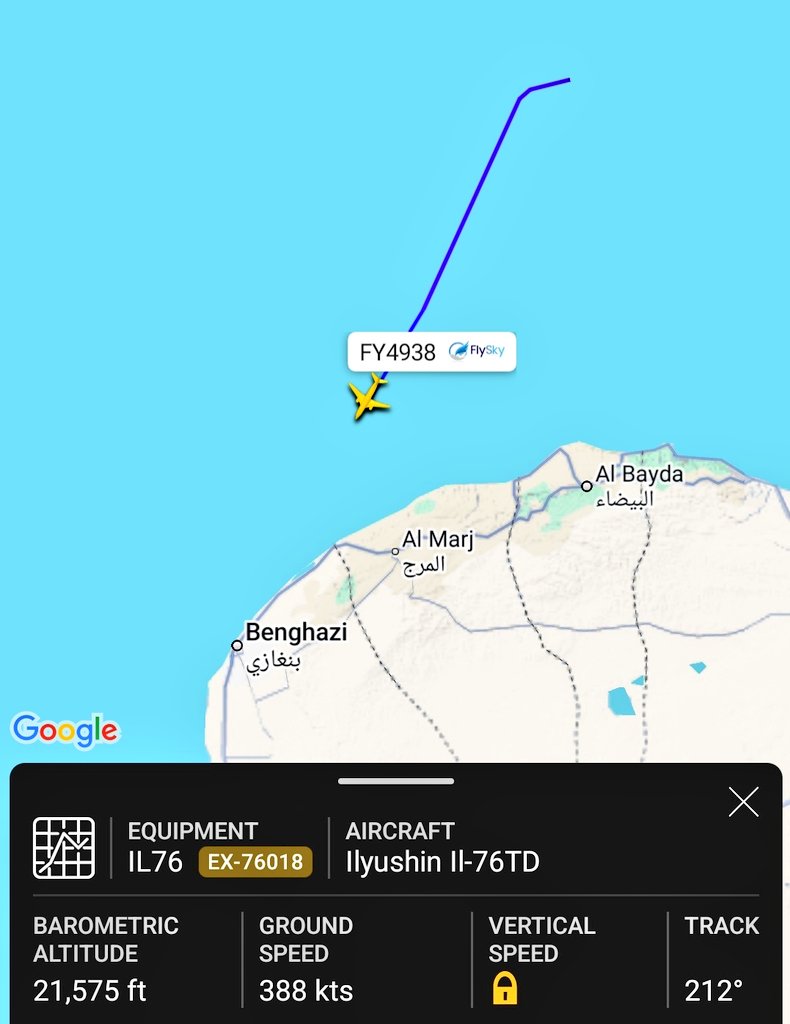 AfriMEOSINT's tweet image. A Fly Sky Airlines IL-76TD cargo aircraft (EX-76018) departed Al Ain Airport in the UAE 🇦🇪 and landed at Benina Airport in Benghazi, Libya 🇱🇾.

Another Fly Sky Airlines IL-76TD (EX-76017) flew from eastern Libya 🇱🇾, possibly Kufrah, to Bosaso Airport in Puntland, Somalia 🇸🇴.