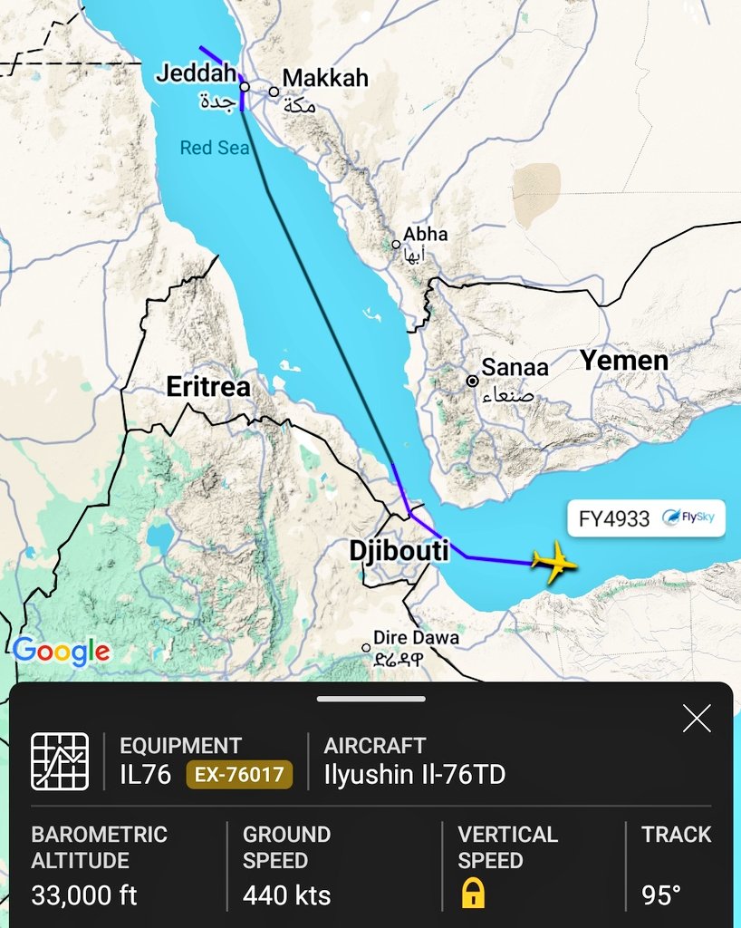AfriMEOSINT's tweet image. A Fly Sky Airlines IL-76TD cargo aircraft (EX-76018) departed Al Ain Airport in the UAE 🇦🇪 and landed at Benina Airport in Benghazi, Libya 🇱🇾.

Another Fly Sky Airlines IL-76TD (EX-76017) flew from eastern Libya 🇱🇾, possibly Kufrah, to Bosaso Airport in Puntland, Somalia 🇸🇴.