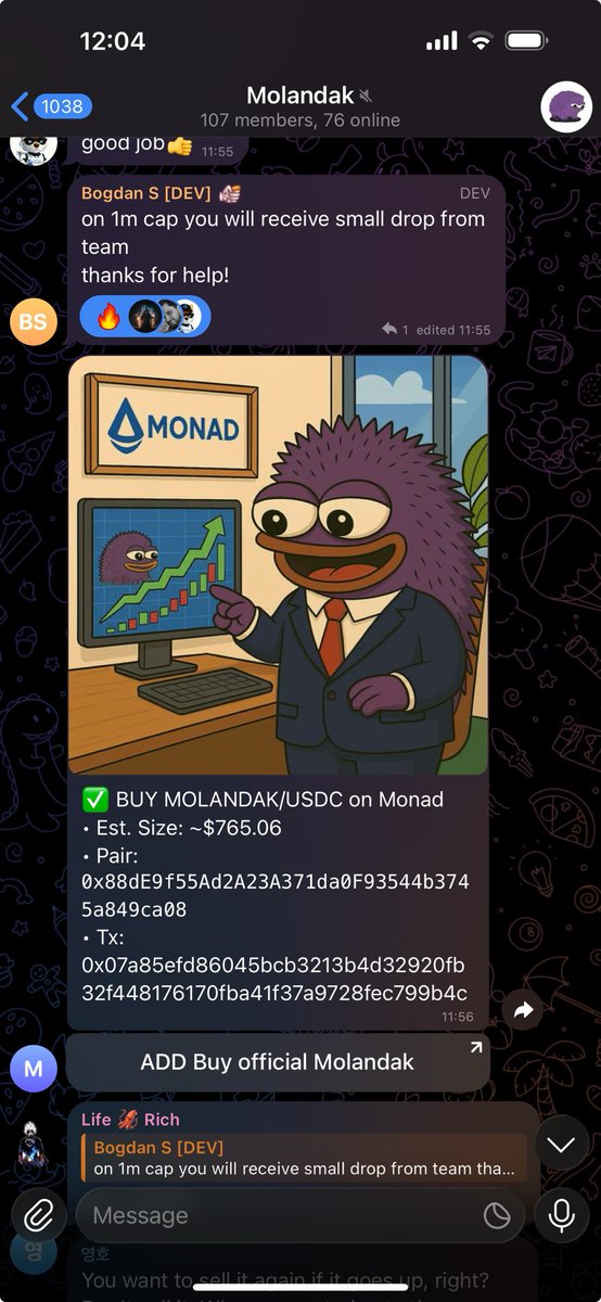I have made buybot V1 for $Molandak on $MONAD every project can use it with build in Molandak marketing where it says buy official Molandak and directs to dexscreener. 
This is the power of community 🔥
<a href="/monfunimals/">$MOLANDAK CTO</a> 

0xD32E9dDD968b18E8429F2d1DA7efb2cc1F01d42d