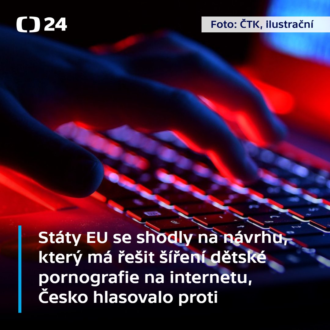 CT24zive's tweet image. Zástupci členských států EU se dnes shodli na návrhu, který má řešit šíření materiálů na internetu zobrazujících sexuální zneužívání dětí. Informovala o tom Rada EU. Česko hlasovalo proti, vadí mu prolamování šifrované komunikace.

👉 Nařízení známé pod zkratkou CSAM a přezdívané…