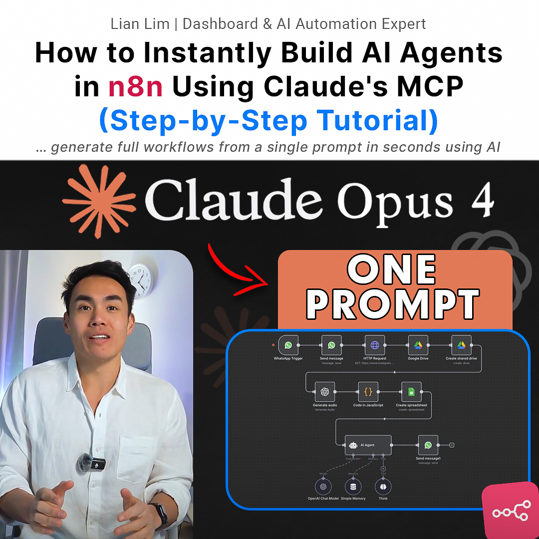dashboardlim's tweet image. Just Recorded a Tutorial on How to Instantly Build AI Agents in n8n Using Claude’s MCP (step-by-step)

Generate full workflows from a single prompt: sort emails, send Slack messages, update Sheets, and automate ops in seconds

Like + Comment &quot;CLAUDE&quot; to get the FULL Tutorial +…