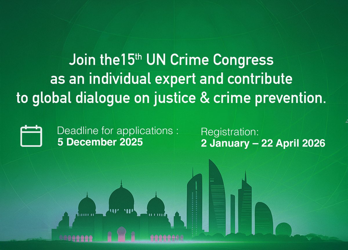 Are you an academic, practitioner or justice expert?
Join the 15th #UNCrimeCongress as an individual expert and contribute to global dialogue on justice &amp; crime prevention.
📅 Deadline for applications: 5 Dec 2025
🔗 Learn more: bit.ly/4hHJtgu