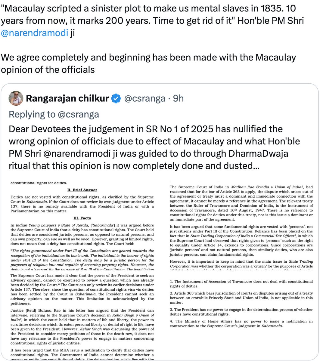 csranga's tweet image. The signal that we have accepted the pious purpose of Art 26 that Dharma Dwaja represents and have rid ourselves of Macaulay opinion of officials next step is to send Art 143 ref so SC can correct Sabarimala judgement which violates Art 26 pious purpose
x.com/csranga/status…