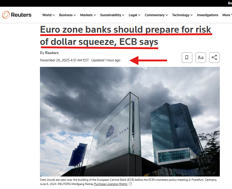 TheDebriefing17's tweet image. 🤔View From The Couch: Timelines Patterns &amp;amp; The Dollar Squeeze 

The ECB just admitted the part nobody was supposed to say out loud:
 Euro-zone banks with heavy U.S.-dollar exposure need MORE capital and MORE liquidity  because a U.S. dollar squeeze would cripple them.
Read that…