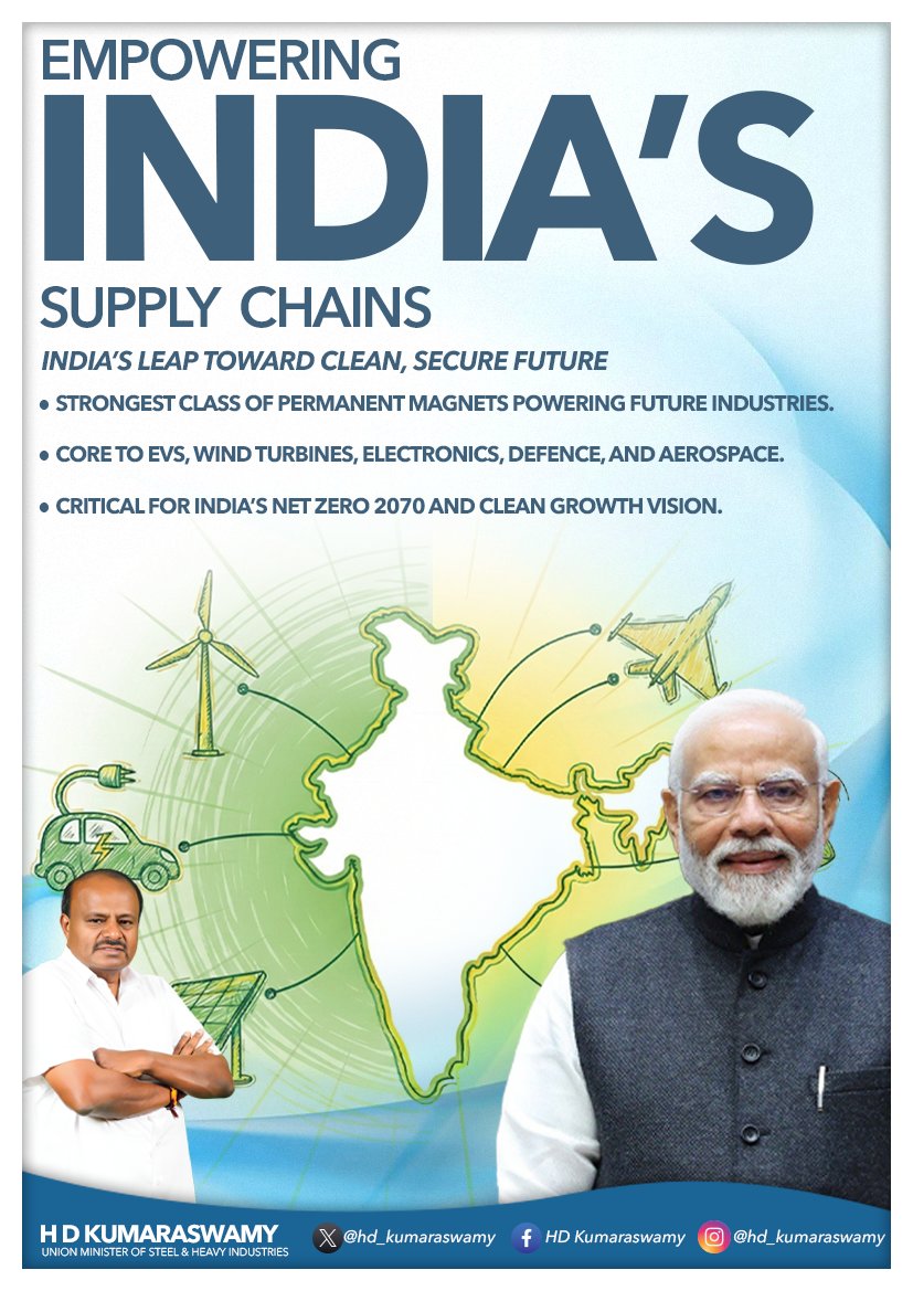 hd_kumaraswamy's tweet image. India is strengthening its future-ready supply chains under the visionary leadership of Hon’ble Prime Minister Shri @narendramodi avaru.

Through the REPM initiative, we are building the strongest class of permanent magnets; critical for EVs, wind turbines, electronics, defence…