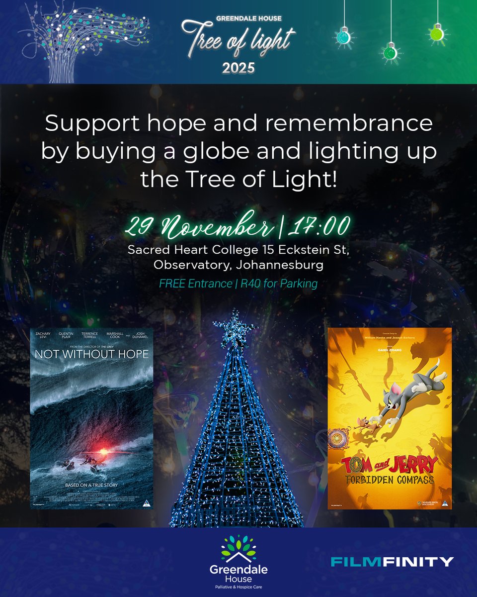 FilmfinityZA's tweet photo. From November 26th to 29th, Filmfinity invites you to support Greendale House by purchasing a remembrance globe for the Tree of Light. Visit their website below to purchase your globe:
https://t.co/ASr6x7YdVr
#TreeOfLight2025 #Filmfinity #GreendaleHouse https://t.co/zYZeJaBDkX