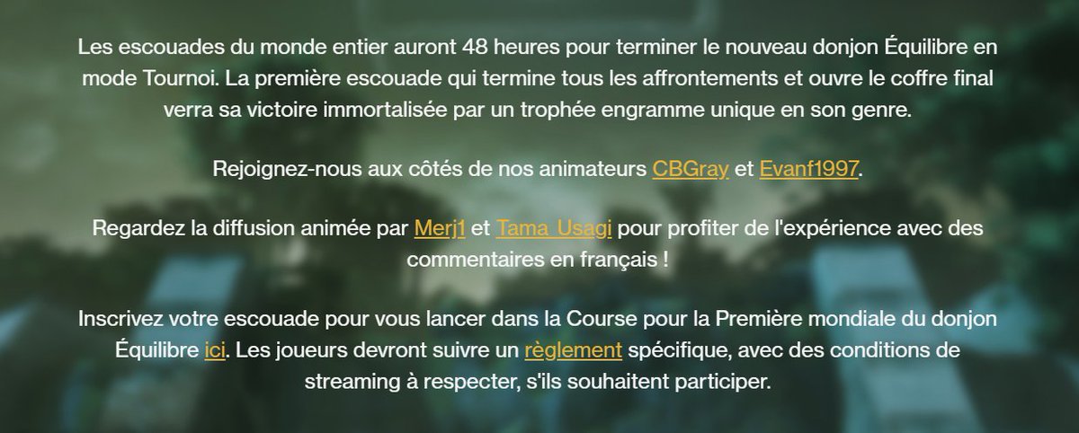 On est annoncé en tant que casters pour la course au World First pour le nouveau donjon le 13 Décembre avec <a href="/TamaUsagi6/">Tama-Usagi</a> ;) 

destinythegame.com/fr/tune-in/equ…