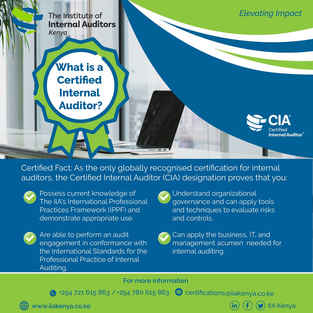 IIAKenya's tweet image. Join the distinguished group of Certified Internal Auditors and discover the value of this prestigious designation. Became certified today! For inquiries, reach us at certifications@iiakenya.co.ke, call 0721615863/0786615863