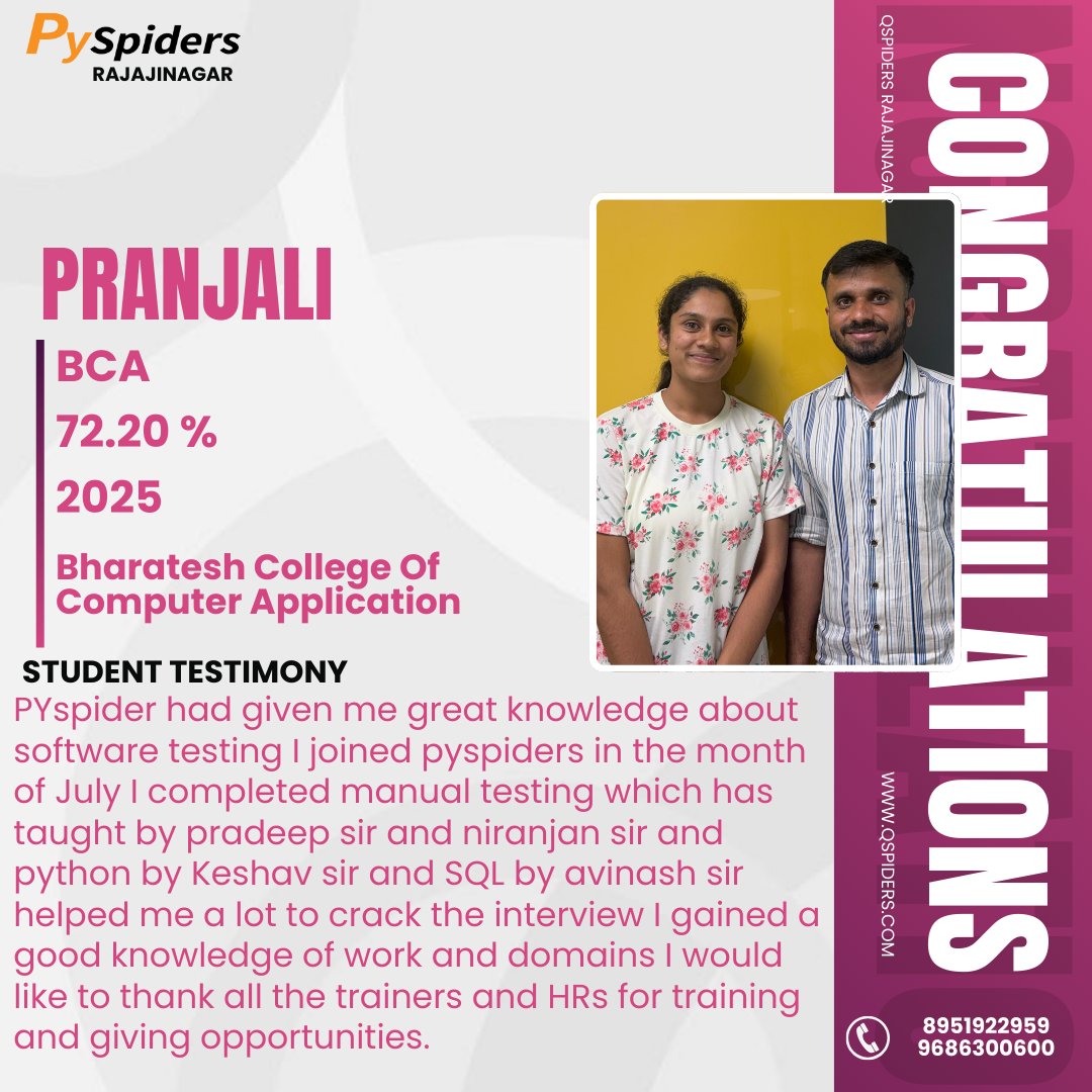 QRajajinagar's tweet image. Congratulations Pranjali on taking a powerful step toward your IT career!
Trainers Mentioned
Pradeep Sir | Niranjan Sir | Keshav Sir | Avinash Sir
#pyspiders #qspiders #rajajinagar #studenttestimonial #successstory #placementupdate #softwaretesting #manualtesting #pythontraining