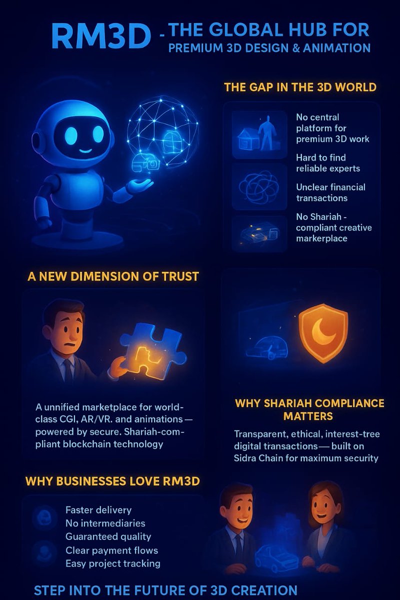 AsifAnsari83683's tweet image. RM3D is redefining the future of 3D creation—A global, Shariahcompliant marketplace connecting businesses with world-class CGI,AR/VR,and animation experts. Secure, transparent,and powered by Sidra Chain, RM3D brings imagination to life with trust and innovation.
#RM3D #SidraChain