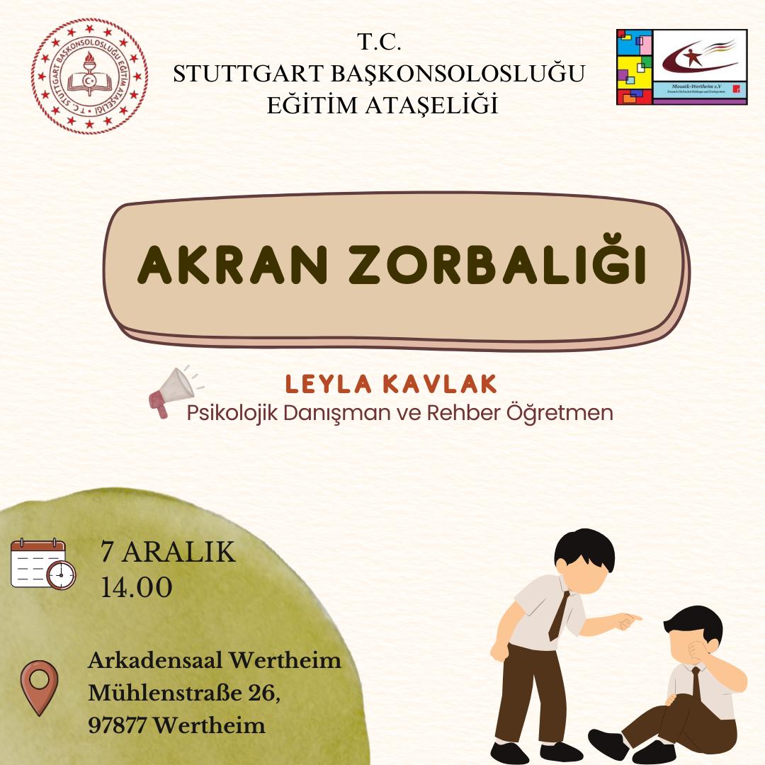 stuttgartegitim's tweet image. Psikolojik Danışman ve Rehber Öğretmenimiz Leyla Kavlak tarafından verilecek olan &apos;&apos;Akran Zorbalığı&apos;&apos; konulu seminerimize davetlisiniz...
@tcmeb @mebabdigm @mebyyegm #egitimdiplomasisi