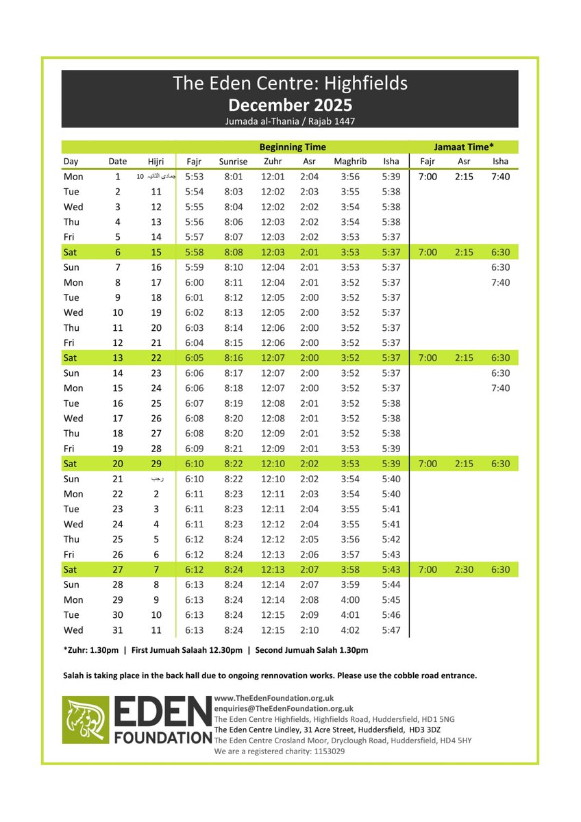 TEFHudds's tweet image. December 2025 Timetable 
#edenfoundation #Highfields