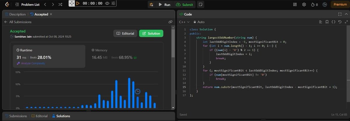 jsambhav5's tweet image. #Day420 of #500DaysOfDSA

Topics and Learnings: #String

Problems Re-revised:
40. #LeetCode #1903 : Largest Odd Number in String

Approach:
Used String.substr() to solve this

Complexity Analysis:
TC: O(N)
SC: O(N)