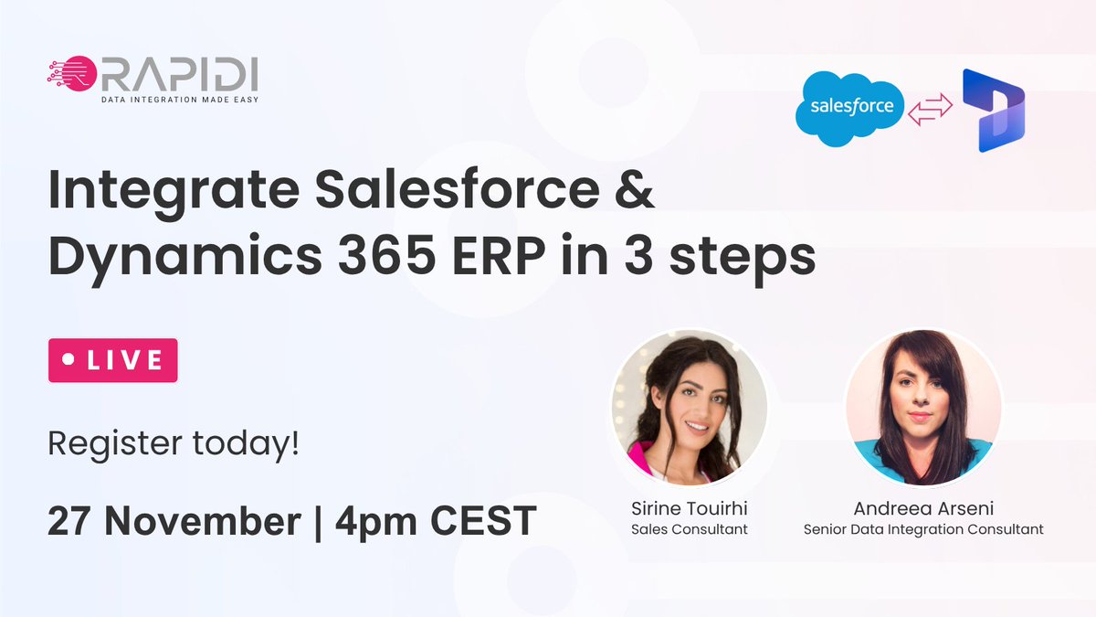RapidiOnline's tweet image. It is tomorrow!
Join us for our LinkedIn Live where we will walk through how to connect Salesforce and Dynamics 365 ERP in 3 simple steps.

Attend - hubs.ly/Q03ScLfD0

#erp #salesforce #dataintegration #syncdata #dataquality #rapidionline