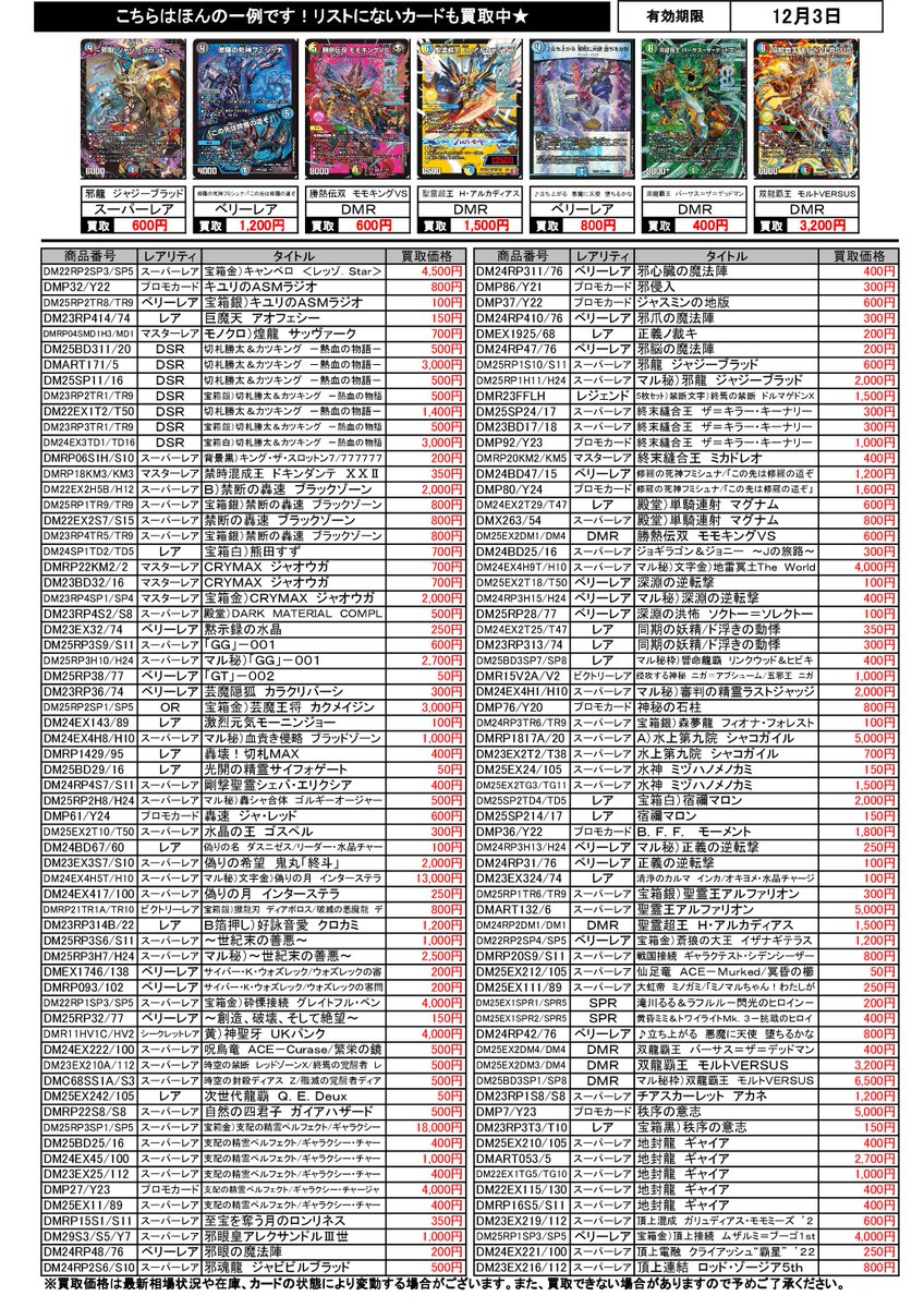 安心買取 高価買取情報更新！27日木曜からの買取価格です。#デュエルマスターズ