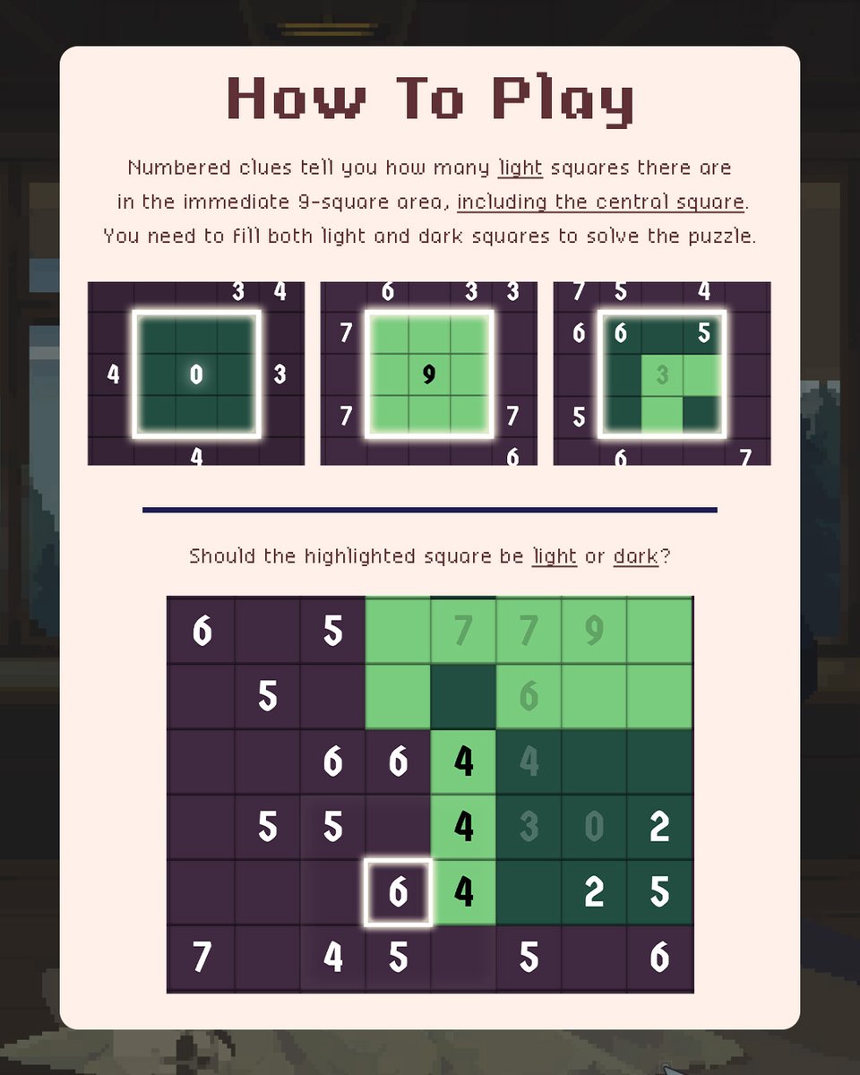 divide_plunder's tweet image. Here&apos;s the second #puzzle of the week!

Can you work out if the highlighted tile should be light or dark? 🤔

This is taken from my upcoming Minesweeper x Picross puzzle game, Mosaic of the Strange! Find out more here: bit.ly/MotS_Steam

#indiedev #gamedev #indiegame