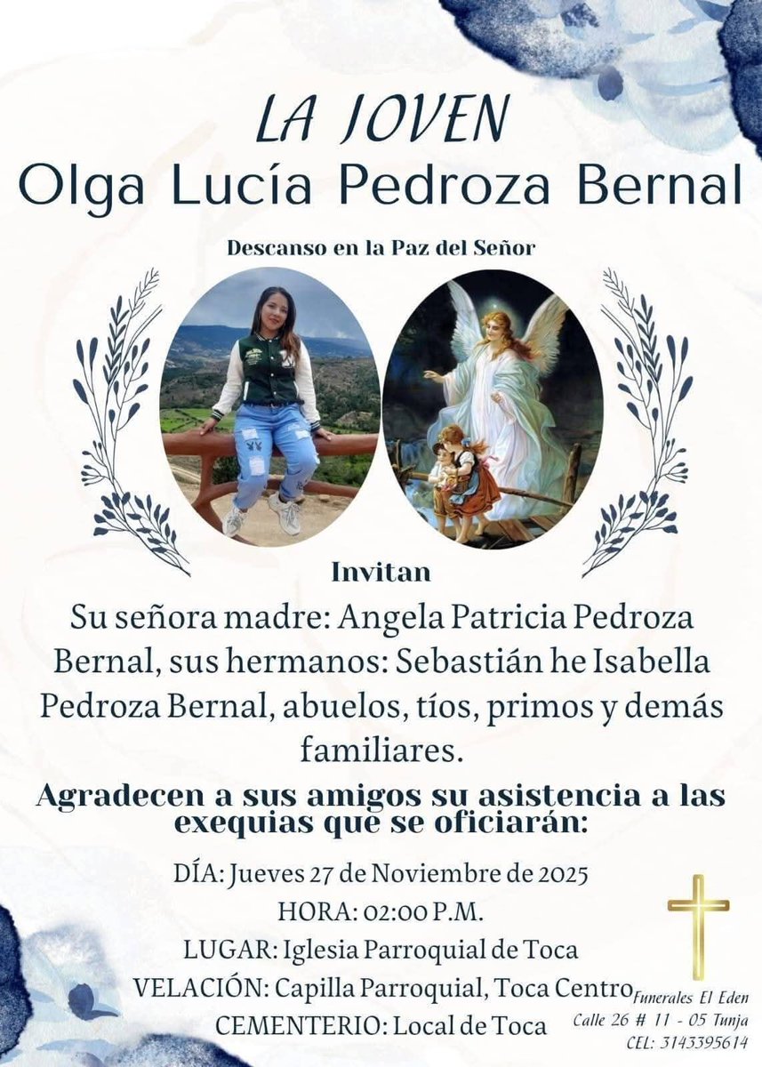 CaracolRadioTun's tweet image. Este jueves en #Toca se realizaran las exequias de Olga Lucía Pedroza Bernal, quien fue asesina por un joven de 17 años en el municipio de #Soracá. 

Será en la Iglesia Parroquial de Toca a las 2 de la tarde.

⭕️caracol.com.co/2025/11/25/fem…