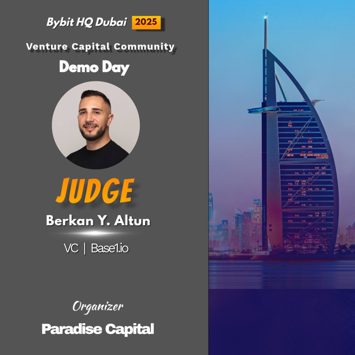 🔊 We are thrilled to announce @<a href="/bekdoteth/">Bek</a> founder of Base1 Ventures as jury member of our upcoming VCC Demo Day (Dubai December Edition). 

⚫️Berkan Y. Altun is a serial entrepreneur and investor with two exits, seven years at Forbes Tech, and experience building ventures in