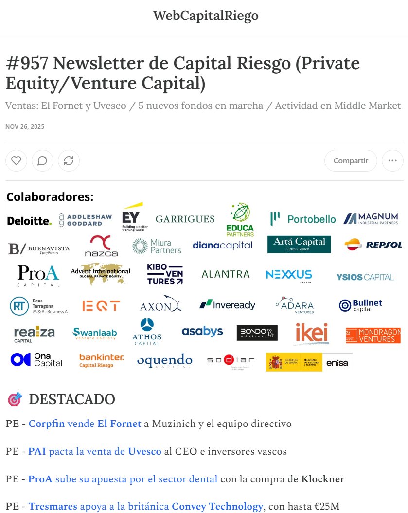 WCapitalRiesgo's tweet image. 📬 #957 Newsletter de #CapitalRiesgo
🧠 (#PrivateEquity #VentureCapital)
Todas las noticias clave de la semana (26/11/2025):
👉 bit.ly/4iqec2b
📩 Suscríbete: lnkd.in/ezknQWyT
🤝 Patrocinios: bit.ly/2qH48vV