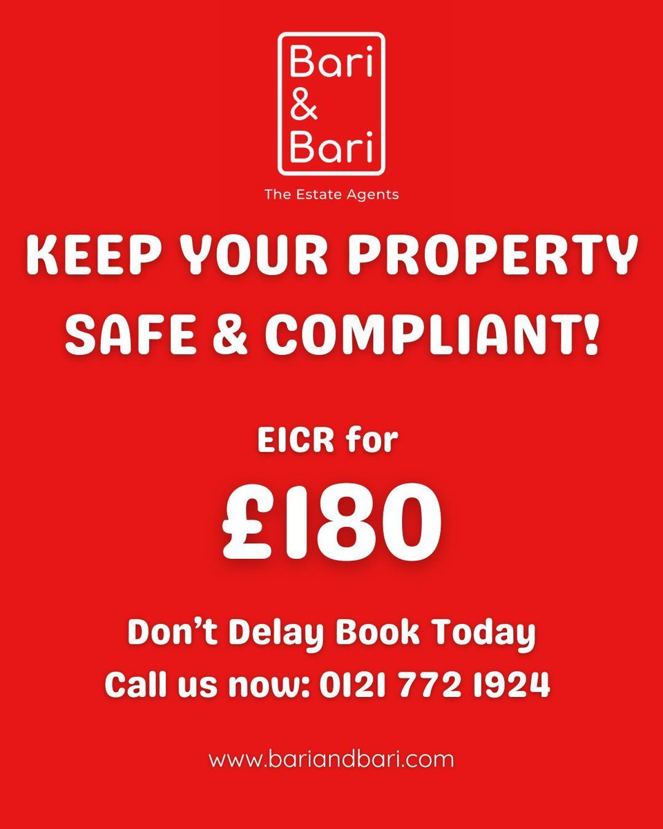 BariandBariUK's tweet image. Ensure the safety and compliance of your property by obtaining your Electrical Installation Condition Report for just £180. Don&apos;t wait, book your appointment today. Give us a call now 0121 7721924. 

#ukhousing #properties #EICR #certificate #safety #compliance #birmingham