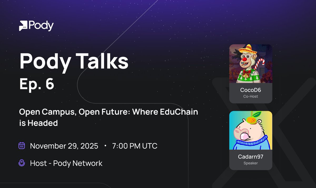 Open Campus, Open Future: Where EduChain is Headed ? 

Join us this Saturday at 7:00 PM UTC to explore the future of EduChain.

Set your reminder and join the conversation.

🎙️ Guest Speaker: <a href="/RendCadarn/">cadarn97.moca⛩️🐐🪞</a> 
🎙️ Co-host: <a href="/COCO_D6/">Coco 🥷⏩️</a> 
🗓️ Date: 29th of November 2025

🔗 Space Link: