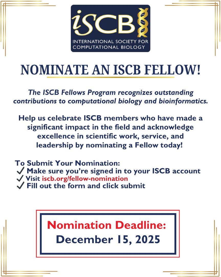 iscb's tweet image. Honor excellence in #bioinformatics and #computationalbiology! Nominations for the ISCB Fellows Class of 2026 are open!

🗓️ Deadline: Dec 15, 2025

Submit here: iscb.org/fellow-nominat…