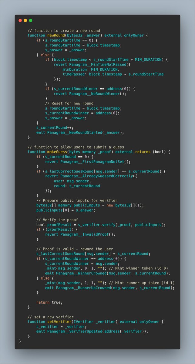s3bc40's tweet image. working on ZK panagram from @CyfrinUpdraft course for ZKP dev

the comeback to @solidity_lang vibe and making circuits with @NoirLang 

we set rounds, how to define a main and sub winners while setting up ownership + ERC1155