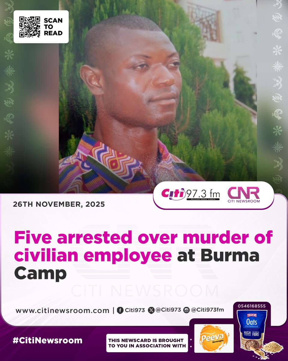 Citi973's tweet image. Five suspects have been arrested by the Eastern Regional Police Command following the alleged murder of a civilian employee at Burma Camp, Kwadwo Yeboah, who was reported missing at Ahyia Yeboah, near Sokode-Juaso in the Abuakwa North Municipality.
#CitiNewsroom #CitiFM…