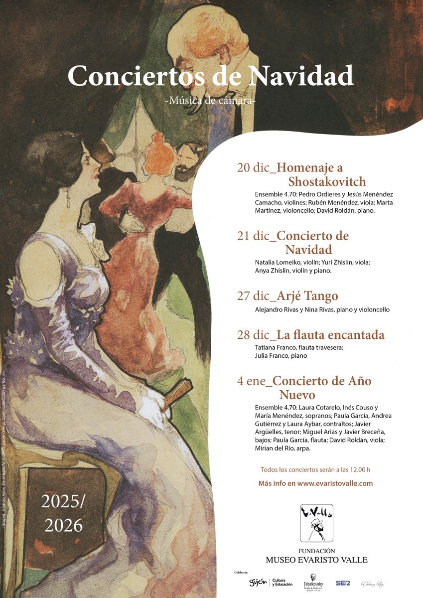 ¡Ya están aquí los Conciertos de Navidad de la Fundación Museo Evaristo Valle! En esta ocasión, os invitamos a vivir la magia de la música en directo cada sábado y domingo de diciembre, con un concierto especial, y ¡hasta un concierto de Año Nuevo el 4 de enero!