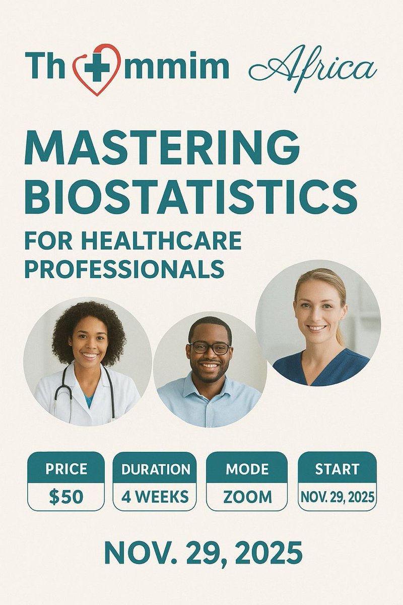 ThummimK's tweet image. 🌍 MASTERING BIOSTATISTICS – FINAL CALL!
Starts Sat, 29 Nov 2025
4-week Live Zoom course for healthcare pros, researchers &amp;amp; students.
Sat &amp;amp; Sun
🇰🇪 7–9pm | 🇳🇬 5–7pm | 🇱🇷🇸🇱 4–6pm
$50 (KES 6,400)
 Laptop + Internet
Register: forms.gle/YYvC7cQCzqyFPk…
#Biostatistics  #ThummimAfrica