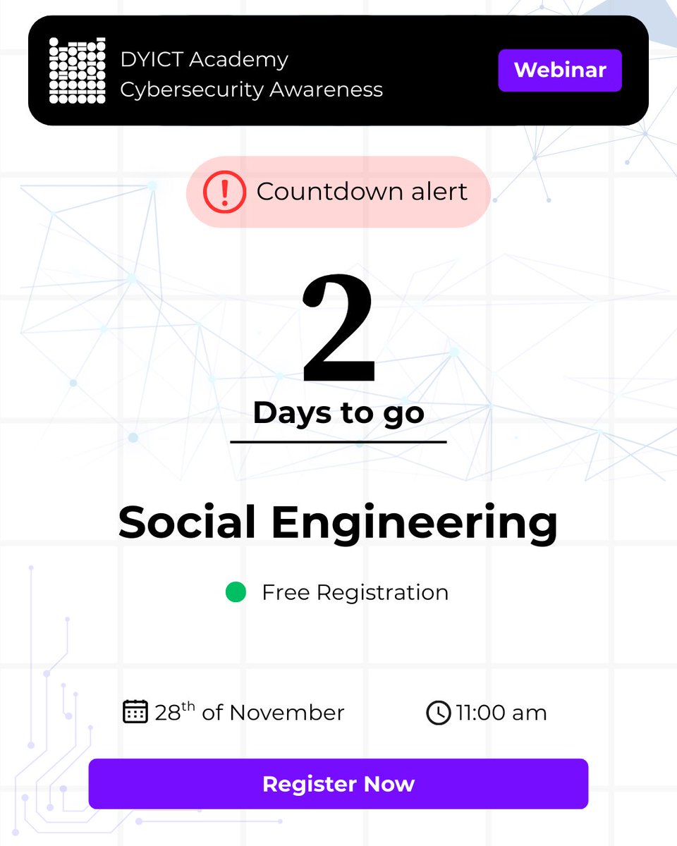 dyicta's tweet image. 48 HOURS LEFT!

Social Engineering Webinar - FINAL CALL

📅 Nov 28 | ⏰ 11:00 AM
🆓 Free 

In 2 days, you&apos;ll either:
Know how to defend yourself
Still be an easy target

Your choice. Register NOW → bit.ly/DYICT_CyberSec… 

#CyberSecurity #LastChance #SocialEngineering