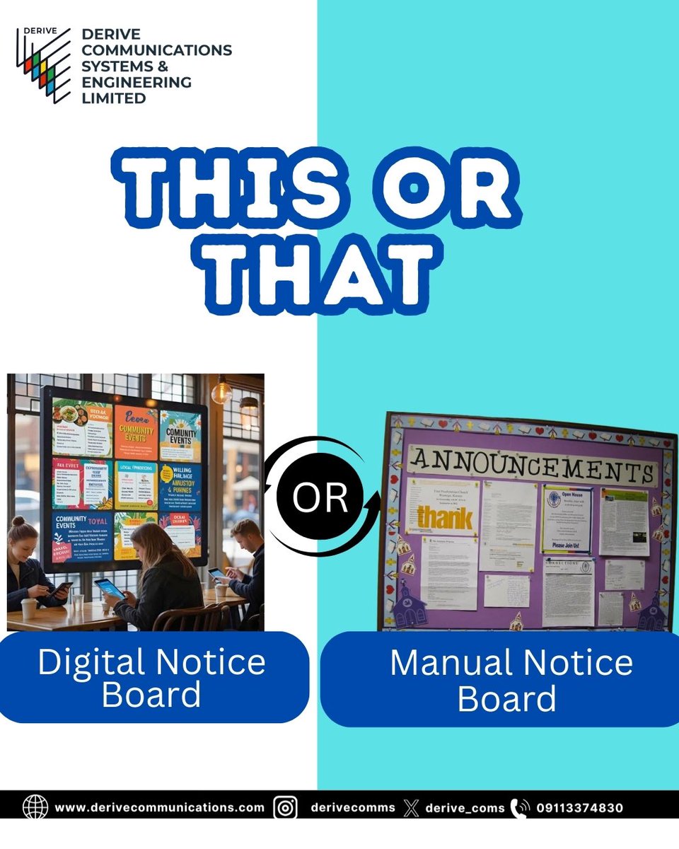derive_coms's tweet image. Digital notice board or manual notice board,hich one fits your workplace best? 

Vote below or share your pick.

#derive_coms 
#officetech
#workplacesolutions
#audiovisual
#digitalupgrade