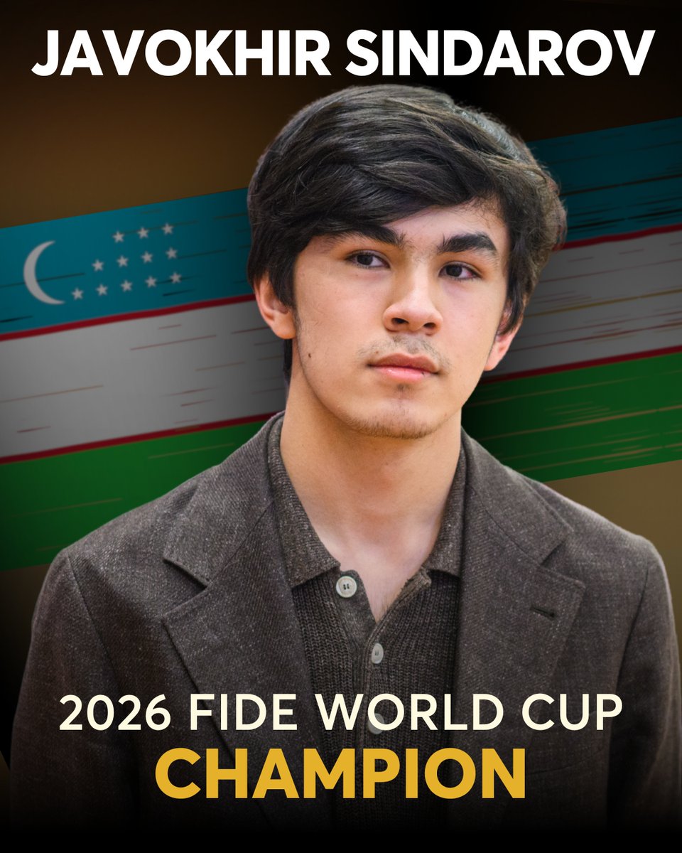 NorwayChess's tweet image. 🇺🇿 Javokhir Sindarov: World Cup Champion at 19 🔥 ♟️

After fighting through a 206-player field in Goa, Javokhir lifts the World Cup trophy and books his place in the 2026 Candidates. ♟️

🗣️ “Qualifying to the Candidates is one of the best things for me.” – Javokhir Sindarov.…