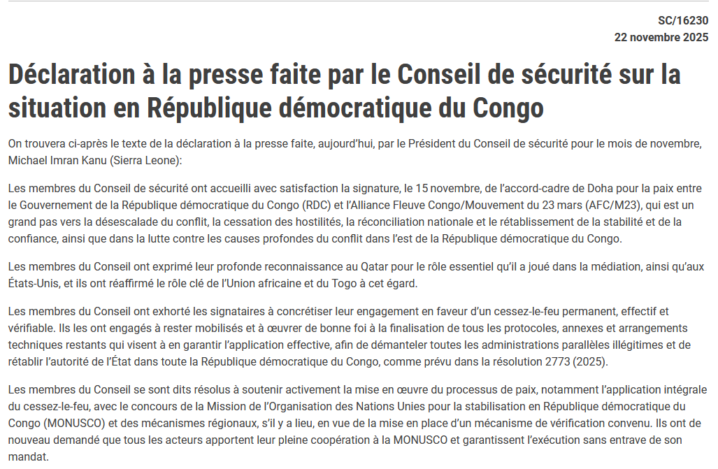 «(...) Les membres du Conseil ont exhorté les signataires à concrétiser leur engagement en faveur d’un cessez-le-feu permanent, effectif et vérifiable...» 

Consultez la déclaration à la presse par le Conseil de sécurité sur la situation en RDC 👇

press.un.org/fr/2025/sc1623…