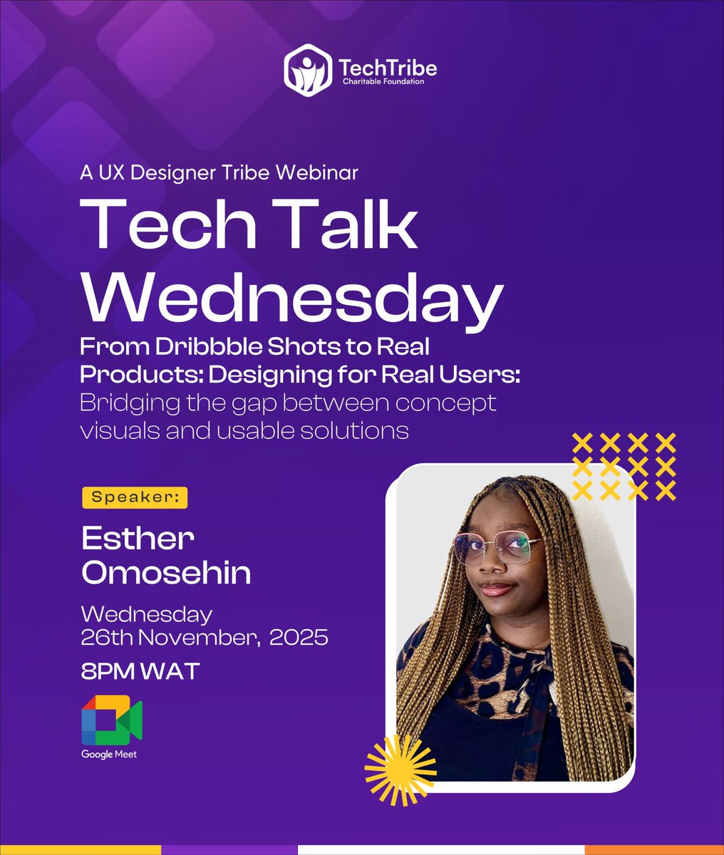 wearetechtribe's tweet image. Dribbble shots look good… until real users enter the chat. 😂

Join us tonight as @kemsdesigns shows us how to bridge the gap between aesthetics and usability.

🗓️ 26th Nov • 8PM WAT
📍 Google Meet

#Techtalkwednesday #Wearetechtribe