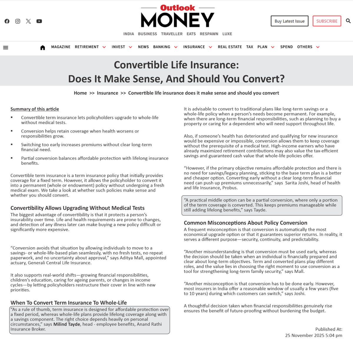 InsuranceRathi's tweet image. .@Outlookindia features insights from Mr. Milind Tayde on when converting a term plan to whole-life cover makes sense.

Read more: shorturl.at/NwE2d

#ARIBL #MediaMention #OutlookMoney #Insurance #FinancialPlanning #LifeInsurance #RiskManagement #ExpertSpeak
