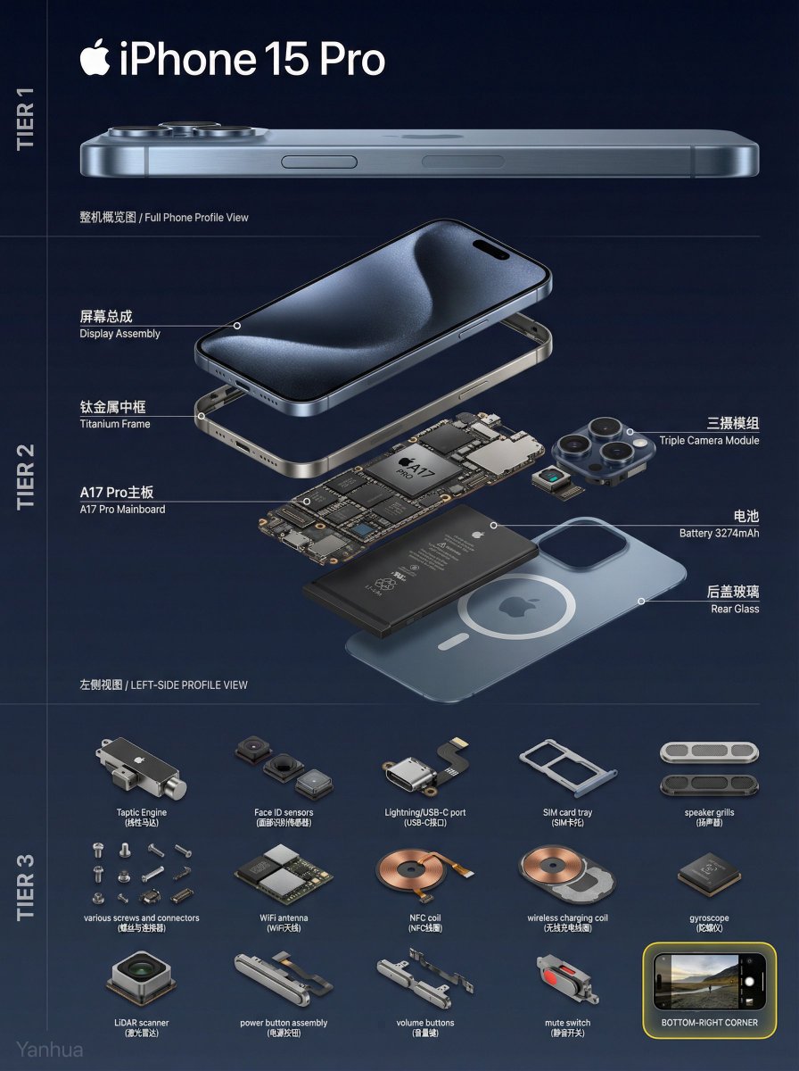 🔥神老师的提示词绝了！
直接套用你的机械模式，生成这个 iPhone 15 Pro 超级分解图，钛框架、A17 Pro 主板、LiDAR 扫描仪一览无余！每一颗螺丝、芯片都对齐爆表，苹果粉+强迫症双重满足！ 

你生成啥 EDC 了？快交作业👇