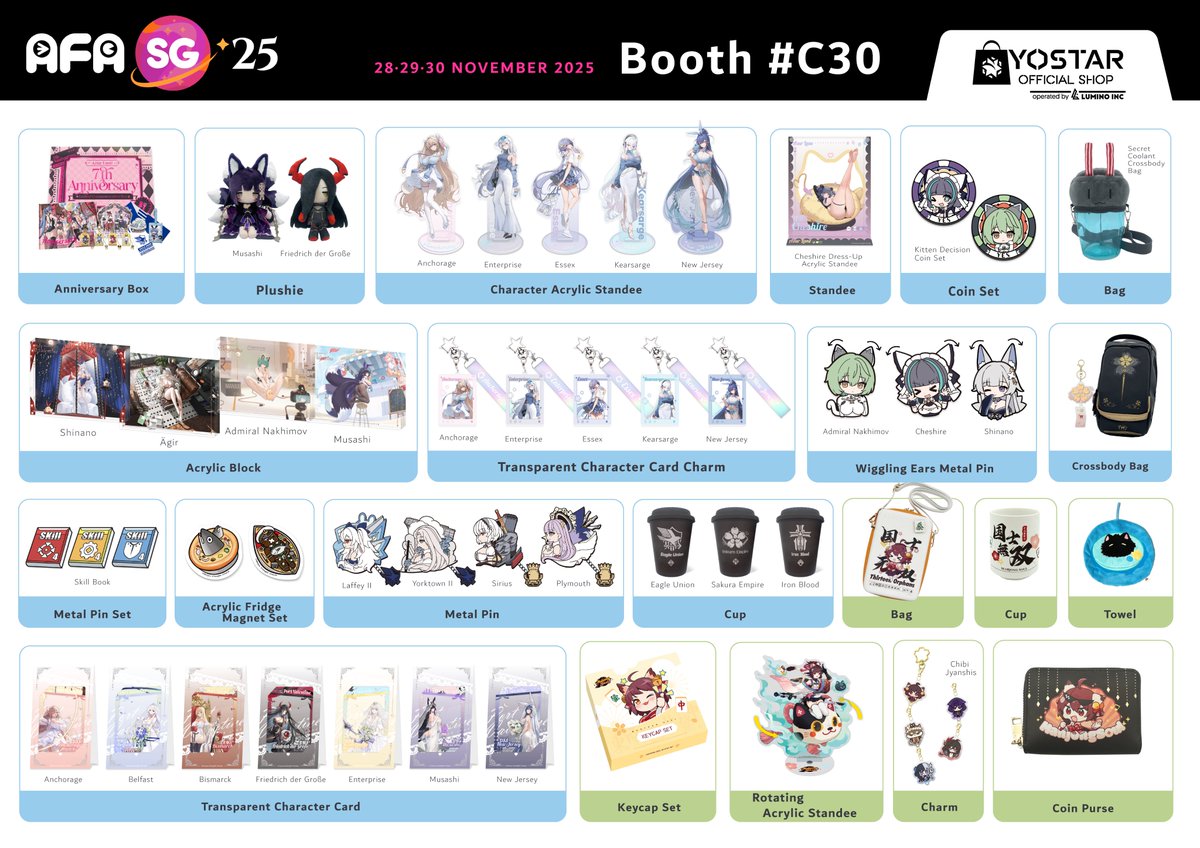 AFA Singapore kicks off this weekend—get hyped! Yostar Official Merchandise is heading back with exclusive new releases and limited stock goodies. Grab them before they're gone!

Booth C30 | Nov 28-30, 2025 |📍Suntec Centre

#Yostar #AzurLane #Arknights #MahjongSoul #AFASG25