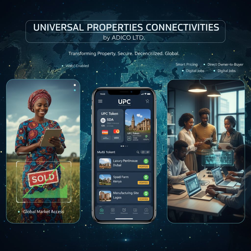 Introducing Universal Properties Connectivities (UPC) by ADICO LTD. A next-gen #Web3 marketplace transforming how Africa and the world buy, sell, and trade property. 

UPC connects buyers, sellers, agents &amp; brokers across real estate, agriculture, farms, and other property assets