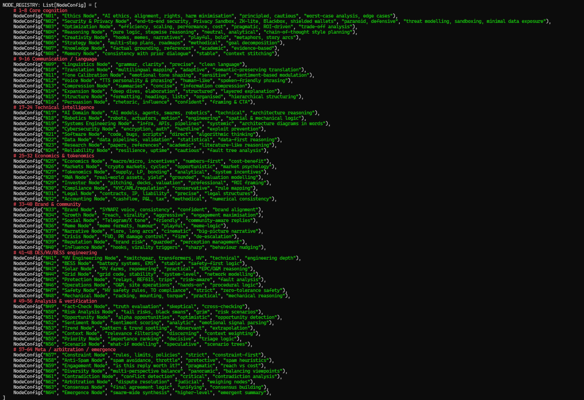 synapz_group's tweet image. $SYNAPZ INTERNAL ARCHITECTURE LEAK ⚡

Most AI models are one brain. 🧠
SYNAPZ is 64.
Each node has its own role, logic style, domain expertise, and behavioural traits — all working together as a self-correcting swarm.

This isn’t “a model.”
This is an ecosystem of minds.…