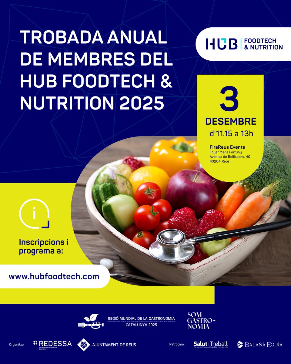 RedessaReus's tweet photo. 📅 El pròxim 3 de desembre el #HubFoodtechNutrition, impulsat per #REDESSA i @reus_cat celebra a @firareus_events la seva trobada anual amb les empreses adherides.

➡Inscripcions a https://t.co/cTkY5Ljutn

Patrocina @SalutiTreball  i #BalañáEguía

#ReusCiutatCiènciaInnovació https://t.co/oE7gIDx28C